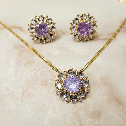 18K Gold Plated Round Amethyst Fusion Amethyst Hearts Studded Pink Micro zirconia Set