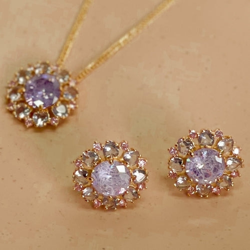 18K Gold Plated Round Amethyst Fusion Amethyst Hearts Studded Pink Micro zirconia Set