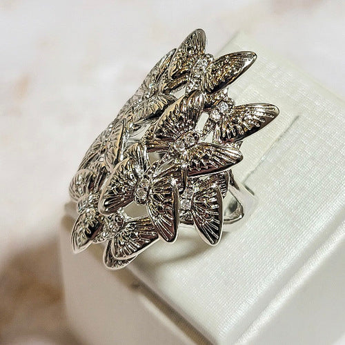 White Rhodium Plated Oval Butterfly Ring