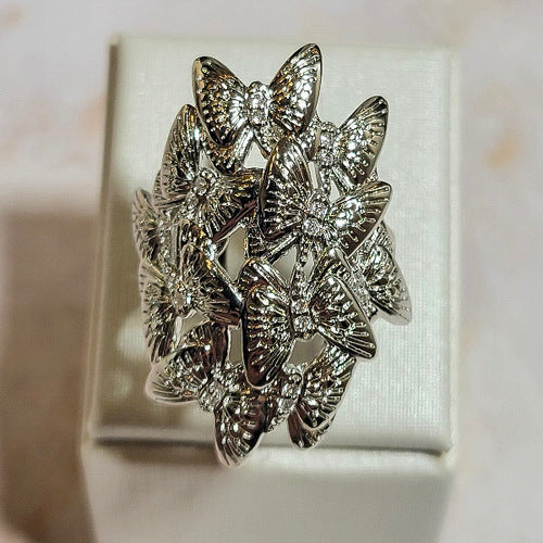 White Rhodium Plated Oval Butterfly Ring