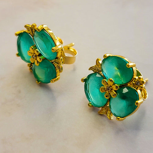 18K Gold Plated Matte Green Paraiba Flower Cuban 3mm Earrings and Necklace