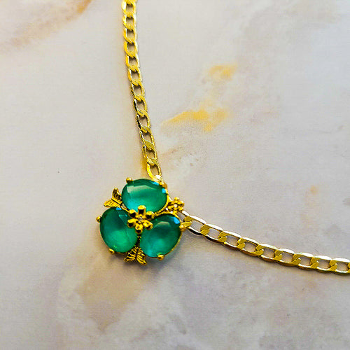 18K Gold Plated Matte Green Paraiba Flower Cuban 3mm Earrings and Necklace