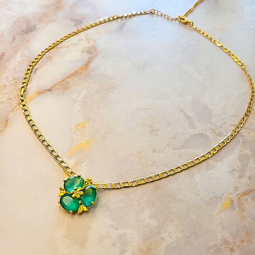 18K Gold Plated Matte Green Paraiba Flower Cuban 3mm Earrings and Necklace