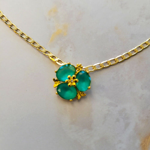 18K Gold Plated Matte Green Paraiba Flower Cuban 3mm Earrings and Necklace