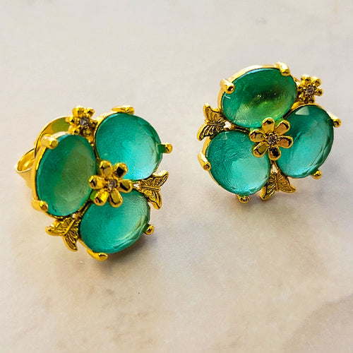 18K Gold Plated Matte Green Paraiba Flower Cuban 3mm Earrings and Necklace