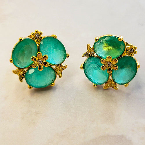 18K Gold Plated Matte Green Paraiba Flower Cuban 3mm Earrings and Necklace