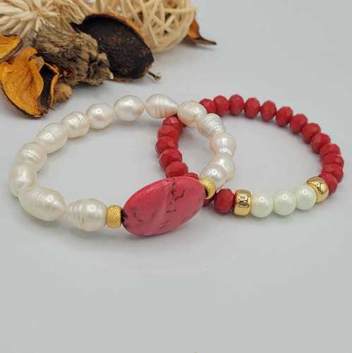 18K Gold Plated Double Pearl Coral Bracelet