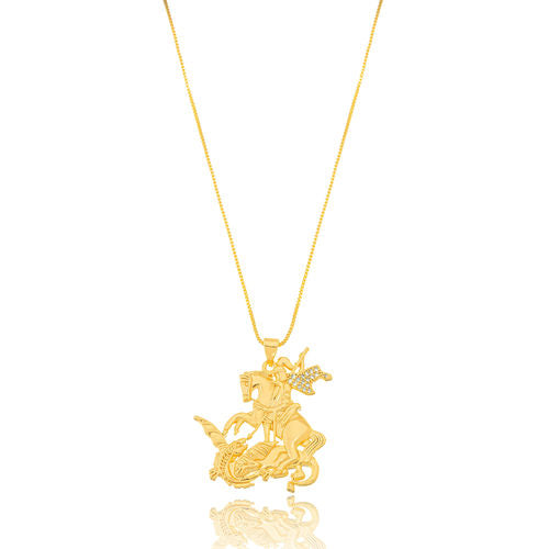 18K Gold Plated Box Chain Studded Zirconia Saint George Pendant Necklace