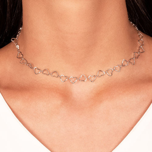 White Rhodium Vine Chain Heart Choker 45cm