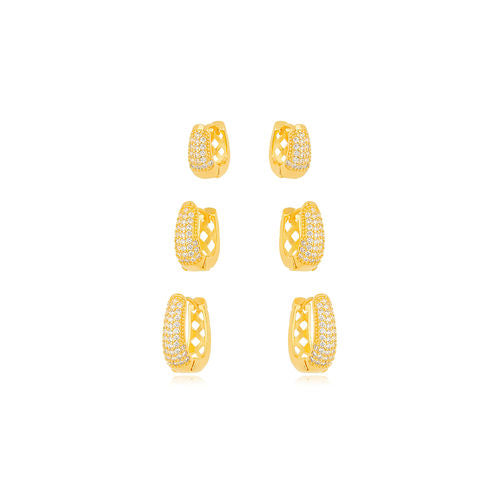 18K Gold Plated Trio Click Oval Hoops Studded Zirconias Earrings