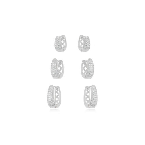 White Rhodium Plated Trio Click Oval Hoops Studded Zirconias Earrings
