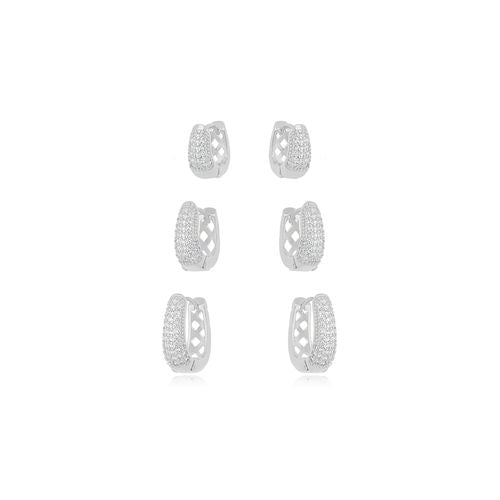 White Rhodium Plated Large Click Oval Hoops Studded Zirconia Earrings