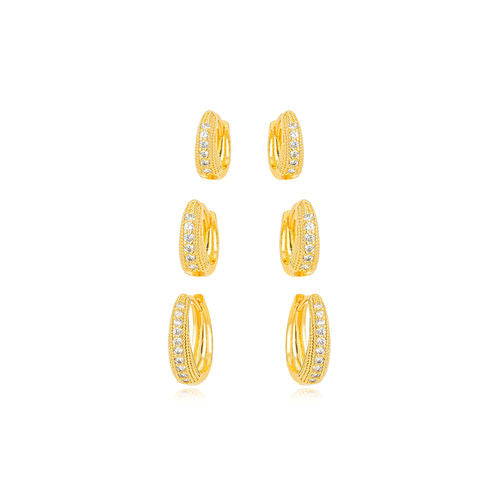18K Gold Plated Trio Click Round Hoops Studded Zirconia Earrings