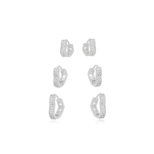 White Rhodium Plated Trio Thick Heart Studded Zirconia Earrings