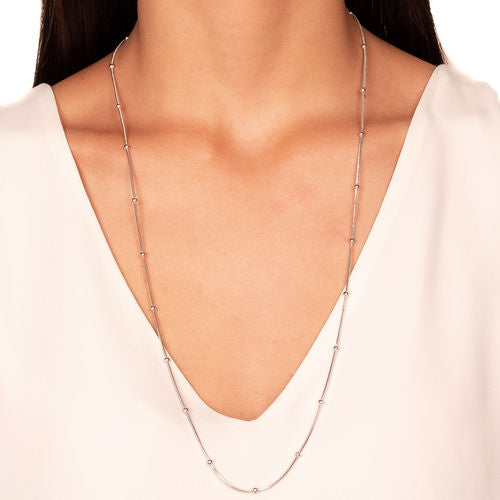 White Rhodium Plated Long Herringbone Mini Balls Necklace