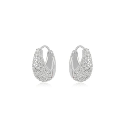 White Rhodium Plated Click Thick Hoops Studded Zirconia Earrings