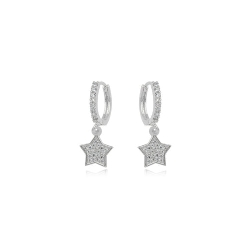 White Rhodium Plated Studded Zirconia Hoops Dangling Star Earrings