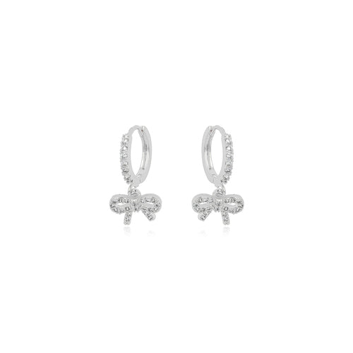 White Rhodium Plated Studded Zirconia Hoops Dangling Bow Earrings