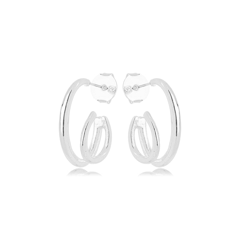 White Rhodium Plated Thin Hoops C Shape Earrings