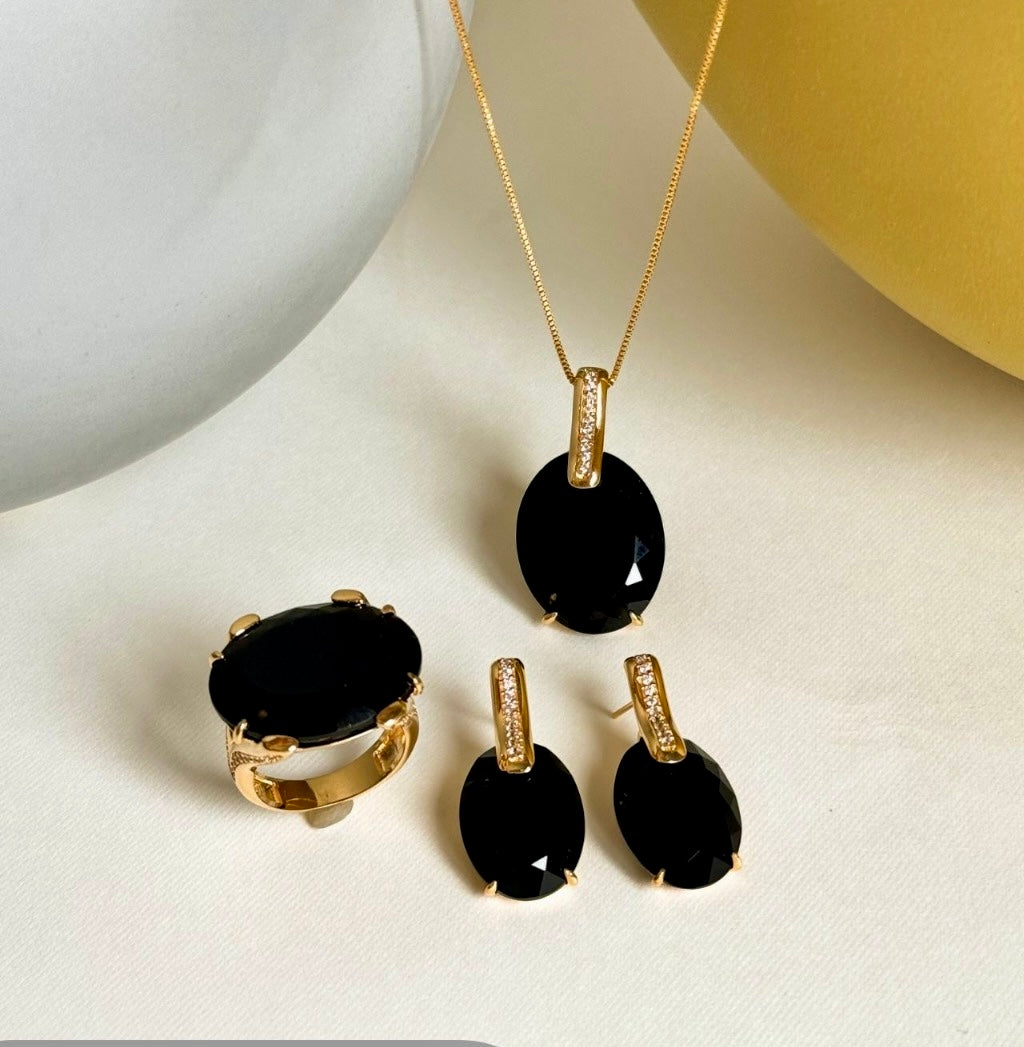 18K Gold Plated Onyx Studded Zirconia Ring