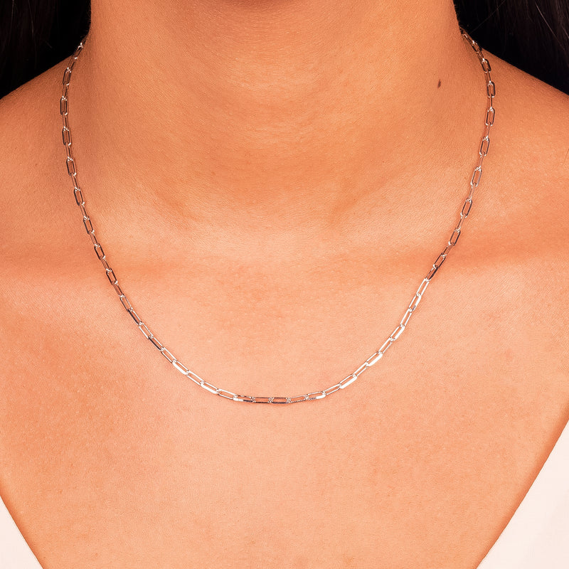 White Rhodium Plated Thin Paperclip Necklace