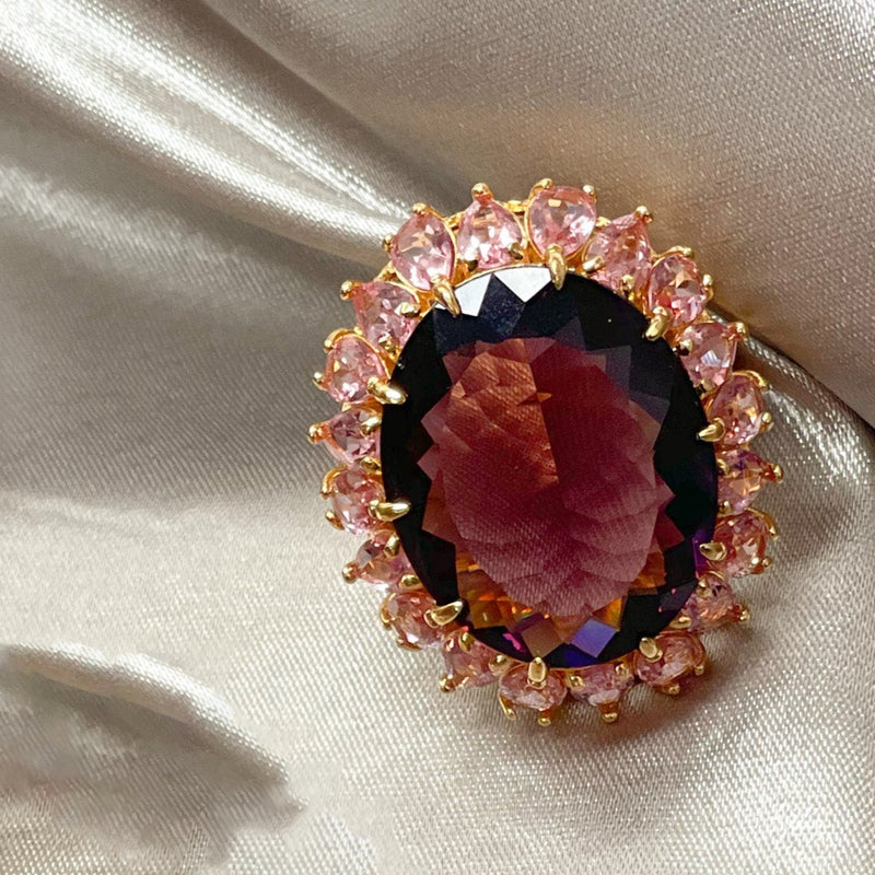 18K Gold Plated Oval Amethyst Studded around Pink Sapphire Ring