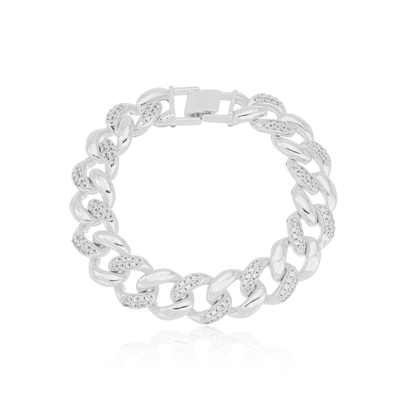 White Rhodium Plated Studded Zirconia Cuban Link Bracelet