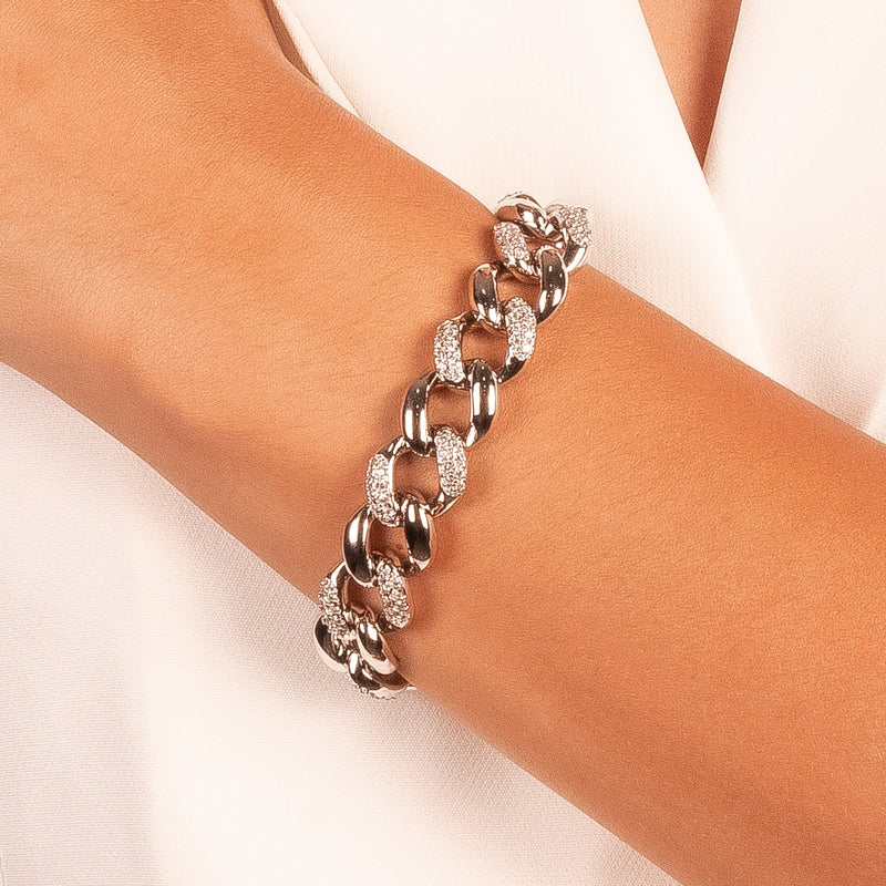 White Rhodium Plated Studded Zirconia Cuban Link Bracelet