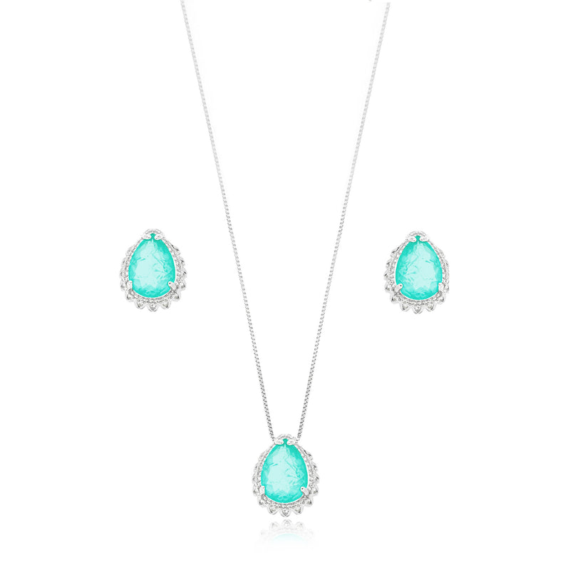 White Rhodium Plated Fusion Aquamarine Studded Zirconia Teardrop Shape Set