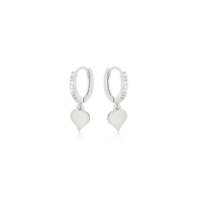 White Rhodium Plated Studded Zirconia Hoops Dangling Heart Earrings