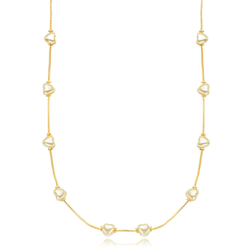 18K Gold Plated Delicate Heart Pearls Necklace 55cm