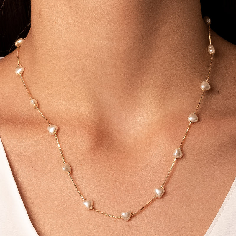 18K Gold Plated Delicate Heart Pearls Necklace 55cm