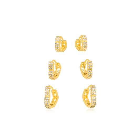18K Gold Plated Trio Thick Heart Studded Zirconia Earrings