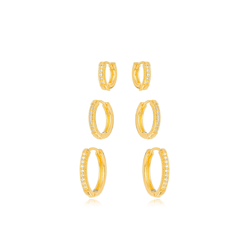 18K Gold Plated Trio Click Hoops Studded Zirconia Earrings