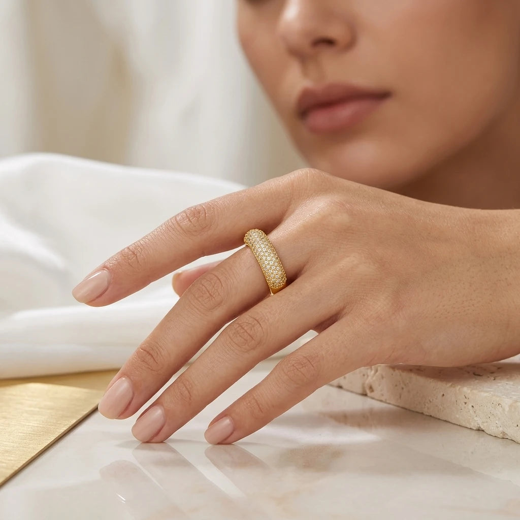 Square Bold Studded Zirconia Ring - 18K Gold Plated