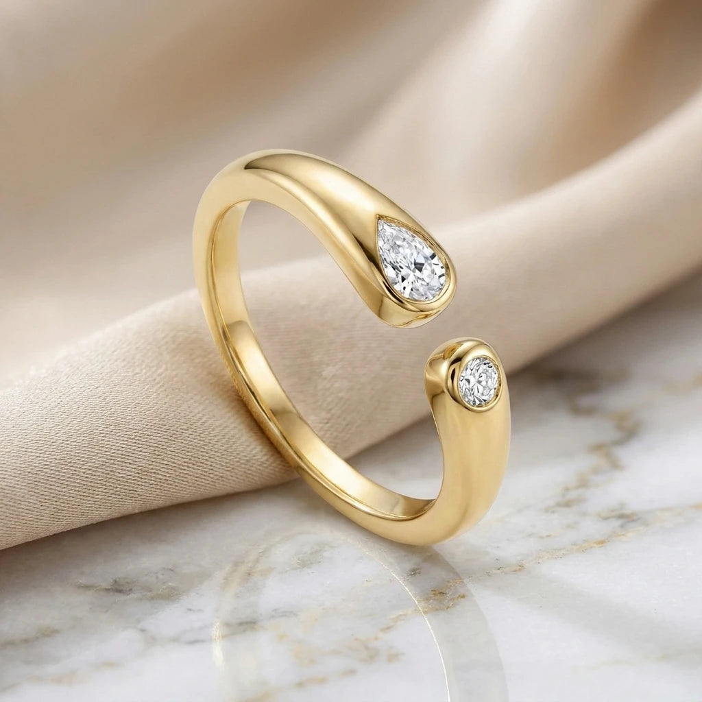Adjustable with Cubic Zirconia Ring -18K Gold Plated