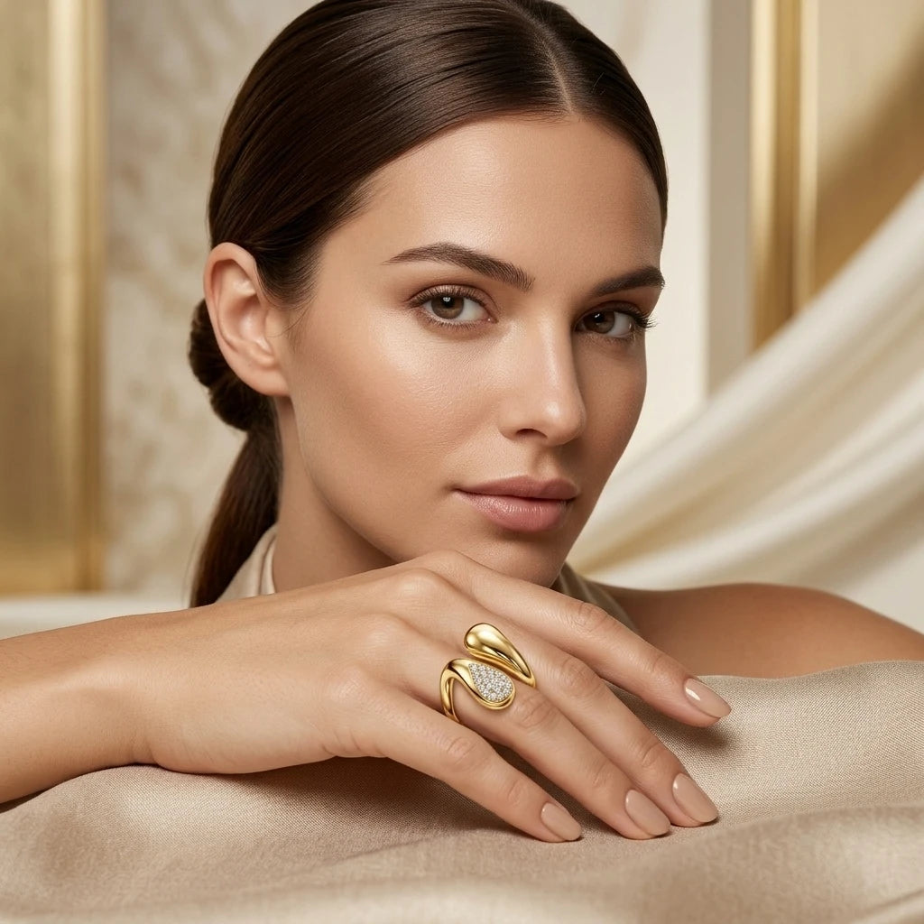 Studded Zirconia Parallel Open Ring - 18K Gold Plated