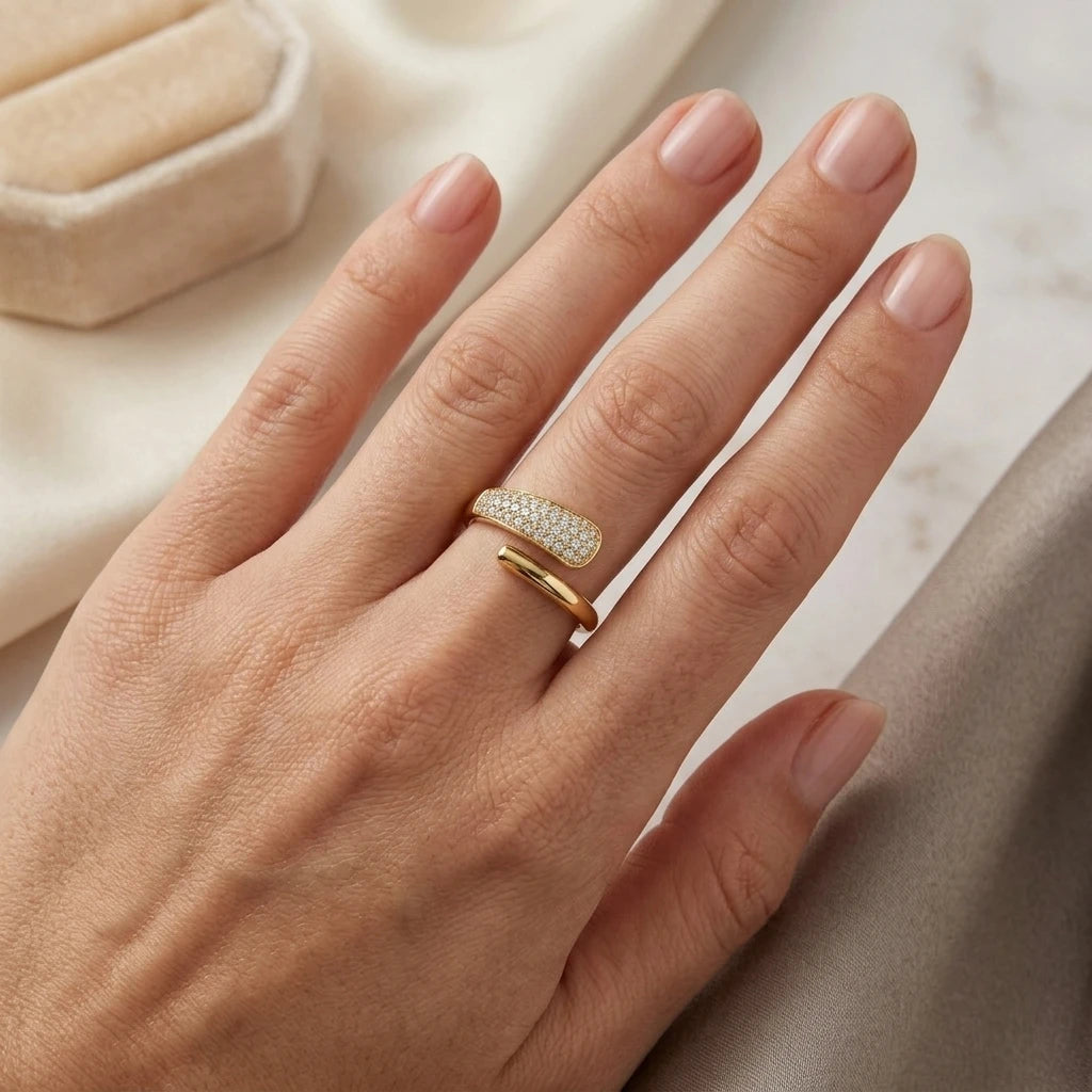 Studded Zirconia Parallel Open Ring - 18K Gold Plated