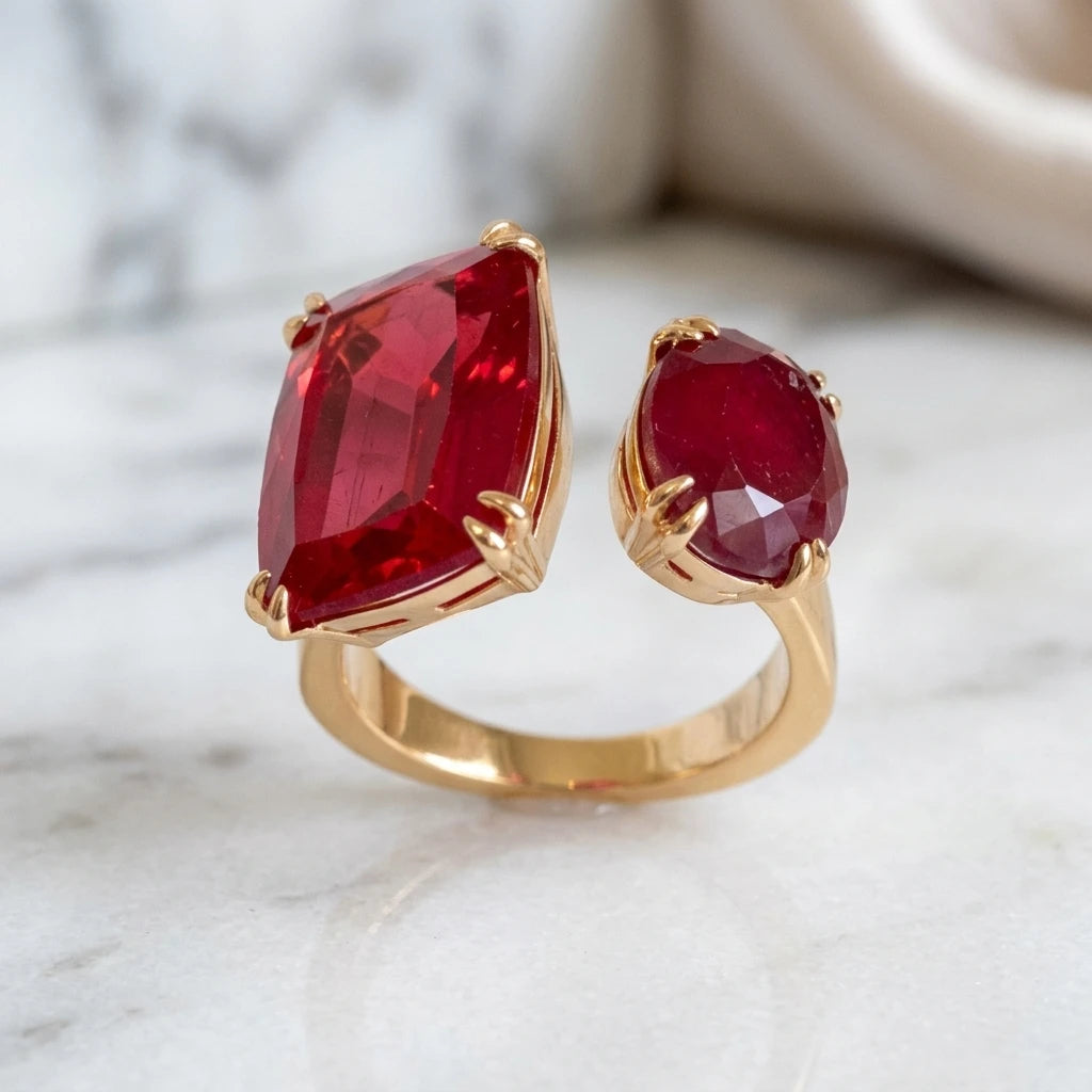 Ruby and Matte Ruby Ring - 18K Gold Plated