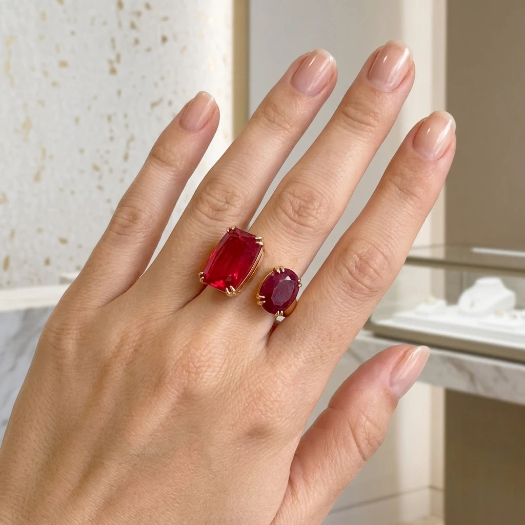 Ruby and Matte Ruby Ring - 18K Gold Plated