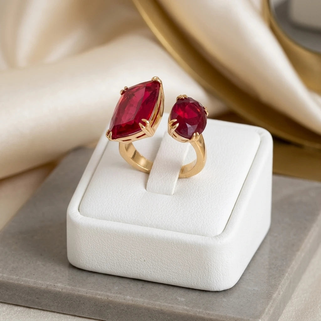 Ruby and Matte Ruby Ring - 18K Gold Plated