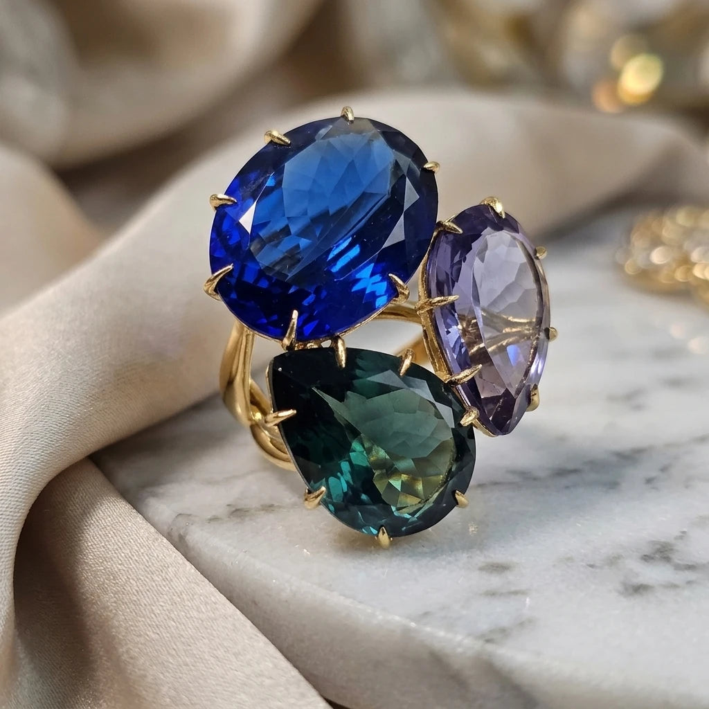 Blue Sapphire, Topaz London and Tanzanite Ring - 18K Gold Plated