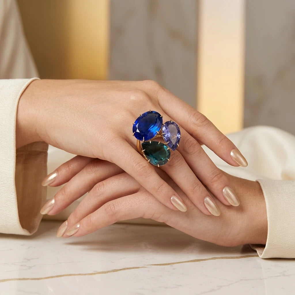 Blue Sapphire, Topaz London and Tanzanite Ring - 18K Gold Plated