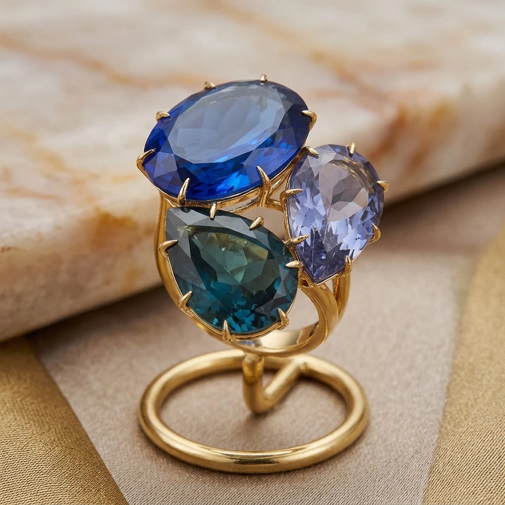 Blue Sapphire, Topaz London and Tanzanite Ring - 18K Gold Plated