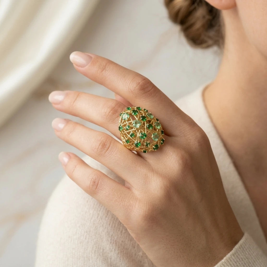 Beryl and Tourmaline Ring - 18K Gold Plated