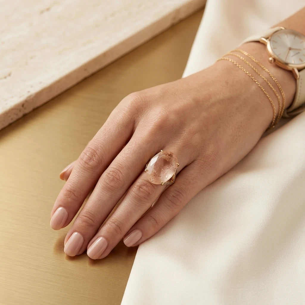 Morganite Studded Zirconia Ring - 18K Gold Plated