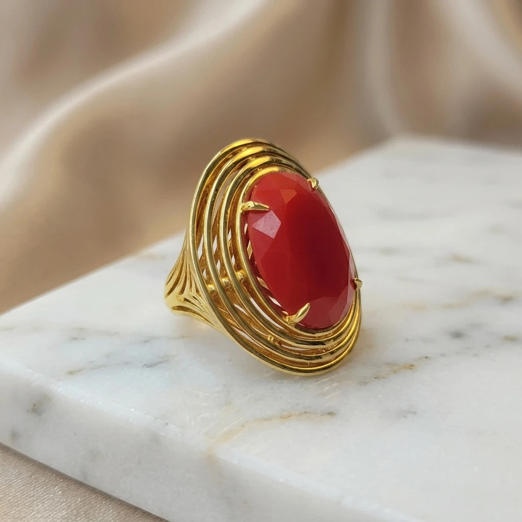 Red Jade Ring - 18K Gold Plated
