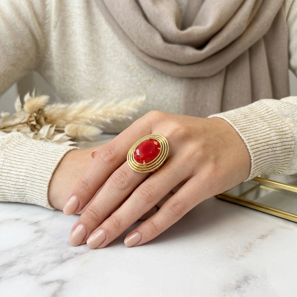 Red Jade Ring - 18K Gold Plated