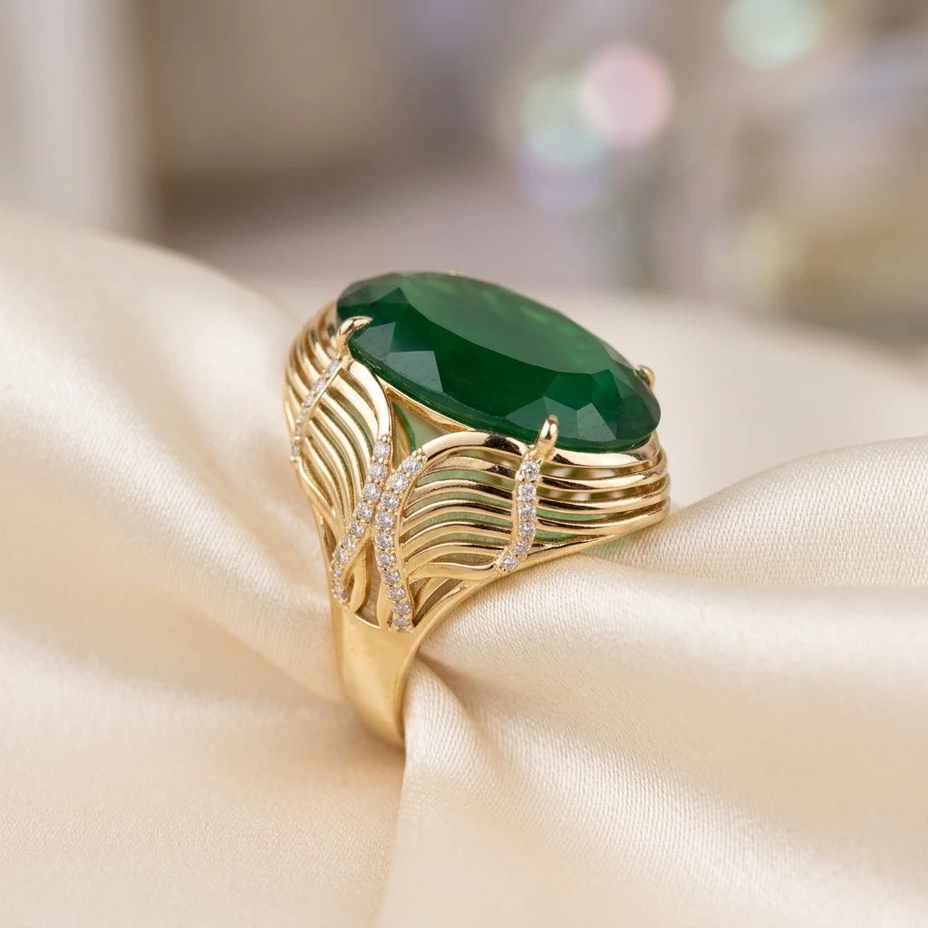 Green Tourmaline Studded Zirconia Ring - 18K Gold Plated