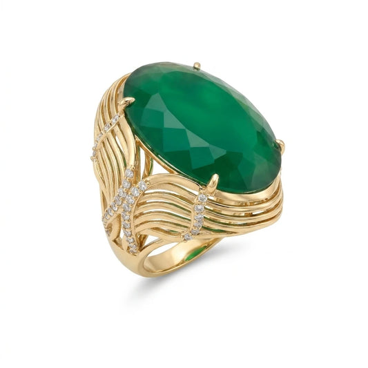 Green Tourmaline Studded Zirconia Ring - 18K Gold Plated
